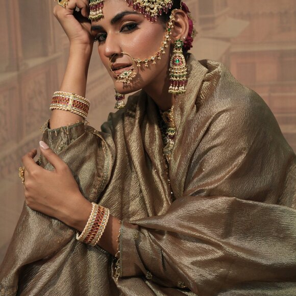 Light Gold and green Bridal Kurta Set with Dupatta - Picture 6 of 6